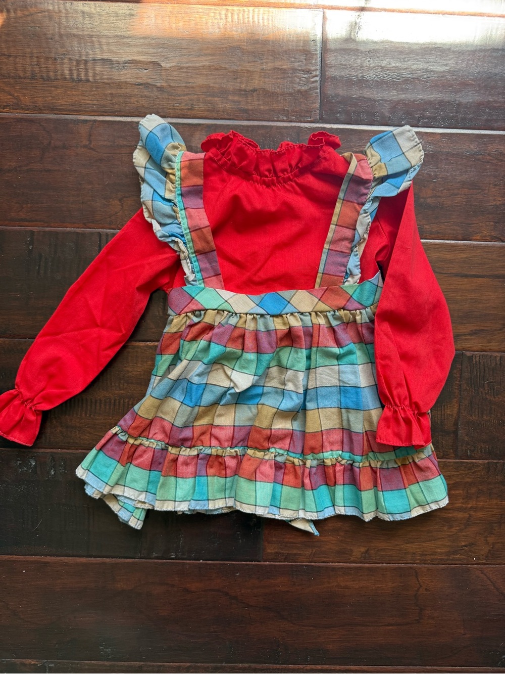 Vintage Girls Prairie Dress Red Plaid Ruffle Pinafore Cottagecore Size 5